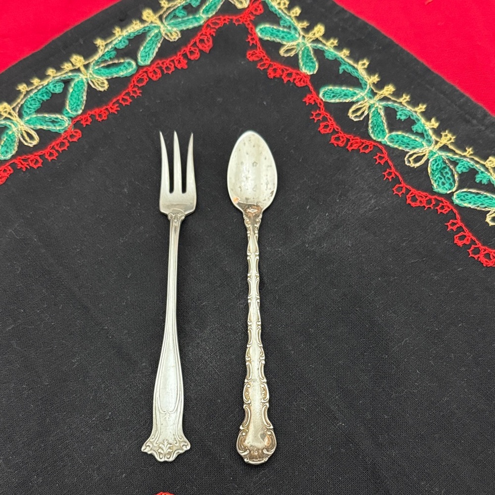 Birks Sterling Pompadour Spoon & H & T Mfg Fork. Cute together! (Mlb)